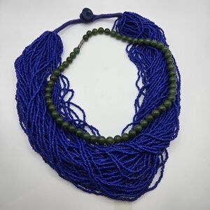 Moroccan Seed Bead Necklace Jade, Cobalt Blue Vintage Tribal SET Bundle